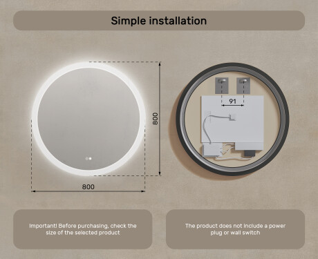 Round LED light bathroom mirror 80cm with Dual color, Touch Switch, Demister #8