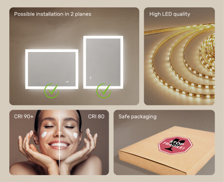 Rectangle bathroom mirror with LED lights 80x60cm with Dual color, Touch Switch, Demister #6