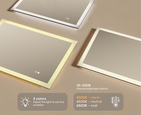 Lighted rectangular mirrors for the bathroom 100x70cm with Dual color, Touch Switch, Demister #3