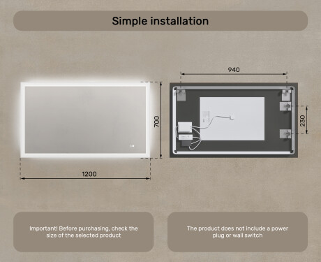 Rectangular backlit bathroom mirror 120x70cm with Dual color, Touch Switch, Demister #8