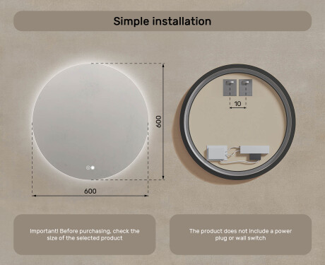 Round mirror with lighting 60 cm, dual color, touch switch, heating pad #7
