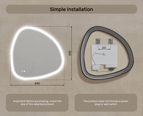 Irregular‑shaped mirror with lighting, 84×84 cm, dual color, touch switch, heating mat #8
