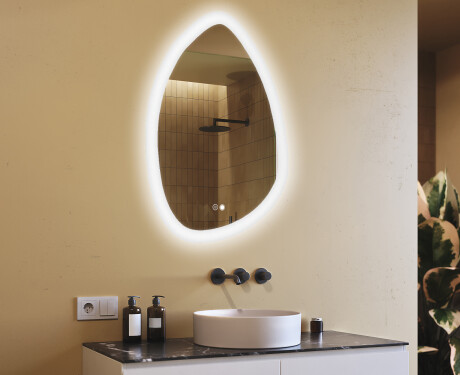 Irregular‑shaped mirror with lighting, 64×94 cm, dual color, touch switch, heating mat