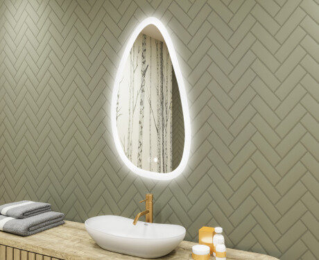 Irregular‑shaped mirror with lighting, 64×104 cm, dual color, touch switch, heating mat