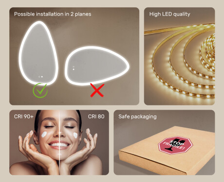 Irregular‑shaped mirror with lighting, 64×104 cm, dual color, touch switch, heating mat #6