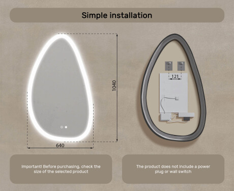 Irregular‑shaped mirror with lighting, 64×104 cm, dual color, touch switch, heating mat #8