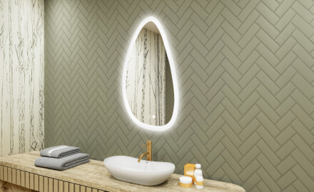 Irregular‑shaped mirror with lighting, 64×104 cm, dual color, touch switch, heating mat