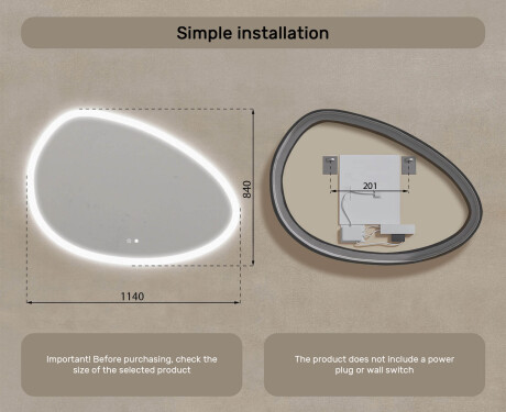 Irregular‑shaped mirror with lighting, 114×84 cm, dual color, touch switch, heating mat #8