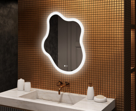 Irregular‑shaped mirror with lighting, 74×94 cm, dual color, touch switch, heating mat