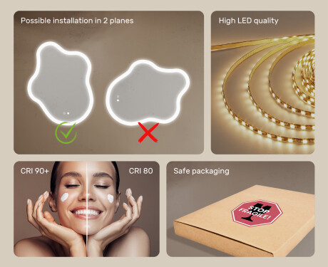 Irregular‑shaped mirror with lighting, 74×94 cm, dual color, touch switch, heating mat #6