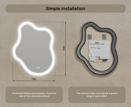 Irregular‑shaped mirror with lighting, 74×94 cm, dual color, touch switch, heating mat #8