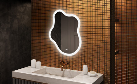 Irregular‑shaped mirror with lighting, 74×94 cm, dual color, touch switch, heating mat