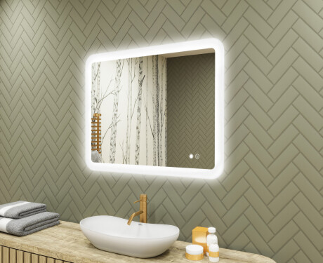 Rounded bathroom mirror with LED lighting, 80×60 cm, dual color, touch switch, heating mat