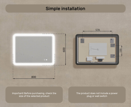 Rounded bathroom mirror with LED lighting, 80×60 cm, dual color, touch switch, heating mat #8