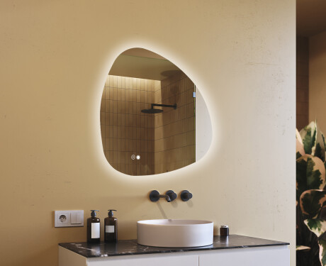 Irregular-shaped mirror with lighting, 84×84 cm, dual color, touch switch, heating mat