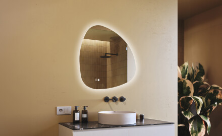 Irregular-shaped mirror with lighting, 84×84 cm, dual color, touch switch, heating mat