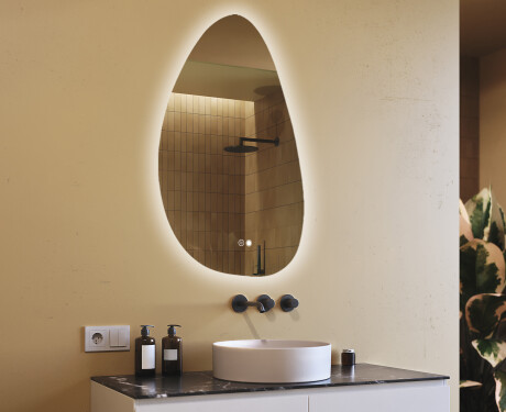 Irregular-shaped mirror with lighting, 64×104 cm, dual color, touch switch, heating mat