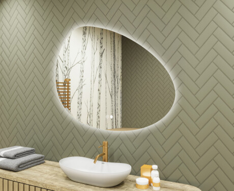 Irregular-shaped mirror with lighting, 114×84 cm, dual color, touch switch, heating mat