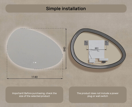 Irregular-shaped mirror with lighting, 114×84 cm, dual color, touch switch, heating mat #8
