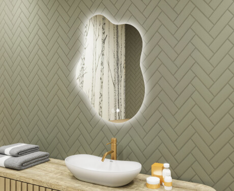 Irregular‑shaped mirror with lighting, 74×94 cm, dual color, touch switch, heating mat