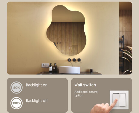 Irregular‑shaped mirror with lighting, 74×94 cm, dual color, touch switch, heating mat #4