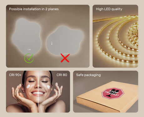 Irregular‑shaped mirror with lighting, 74×94 cm, dual color, touch switch, heating mat #6