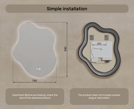 Irregular‑shaped mirror with lighting, 74×94 cm, dual color, touch switch, heating mat #8