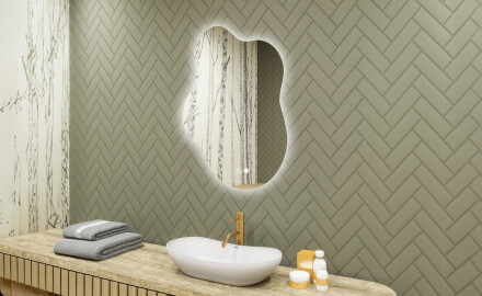 Irregular‑shaped mirror with lighting, 74×94 cm, dual color, touch switch, heating mat