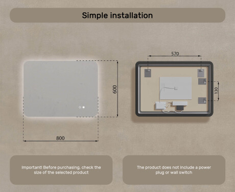 Rounded bathroom mirror with LED lighting, 80×60 cm, dual color, touch switch, heating mat #8