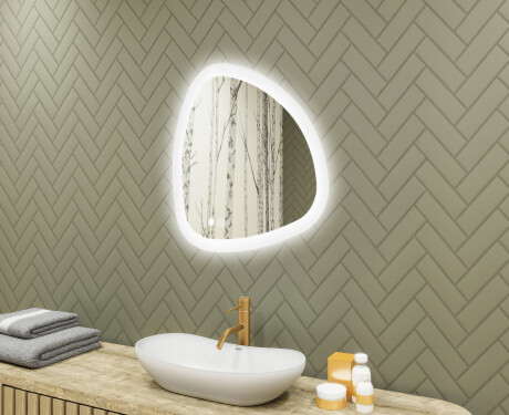 Irregular‑shaped mirror with lighting, 64×64 cm, dual color, touch switch, heating mat
