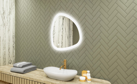 Irregular‑shaped mirror with lighting, 64×64 cm, dual color, touch switch, heating mat