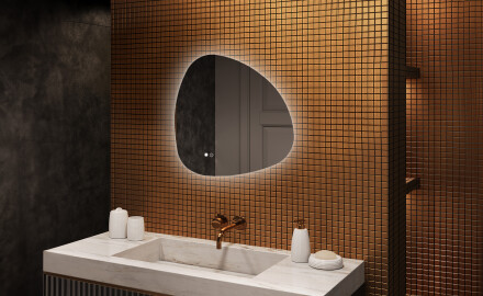 Irregular‑shaped mirror with lighting, 74×74 cm, dual color, touch switch, heating mat