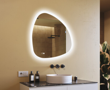 Irregular‑shaped mirror with lighting, 94×94 cm, dual color, touch switch, heating mat