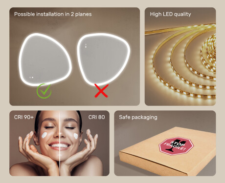 Irregular‑shaped mirror with lighting, 94×94 cm, dual color, touch switch, heating mat #6