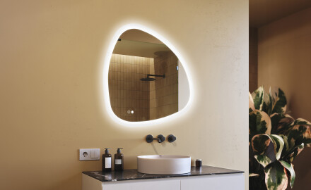 Irregular‑shaped mirror with lighting, 94×94 cm, dual color, touch switch, heating mat