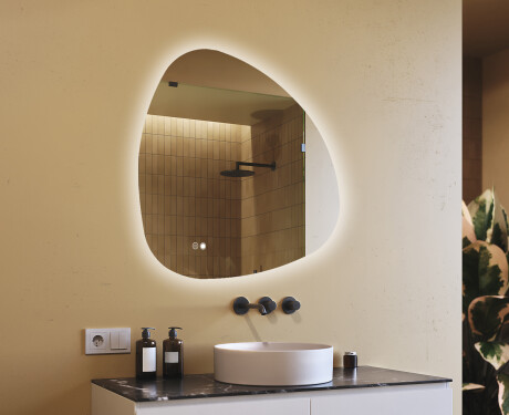 Irregular‑shaped mirror with lighting, 94×94 cm, dual color, touch switch, heating mat