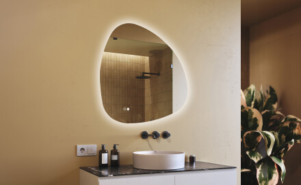 Irregular‑shaped mirror with lighting, 94×94 cm, dual color, touch switch, heating mat