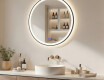 Round LED-lit mirror in a black aluminum frame