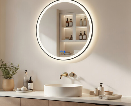 Round LED-lit mirror in a black aluminum frame