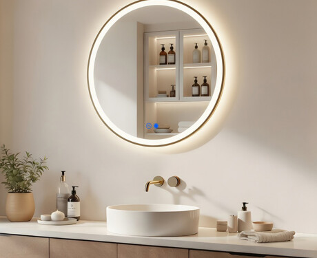 Round LED mirror in a gold aluminum frame