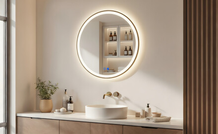 Round LED mirror in a gold aluminum frame