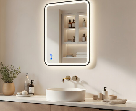 Rounded mirror with LED backlighting in a black aluminum frame