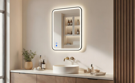 Rounded mirror with LED backlighting in a black aluminum frame