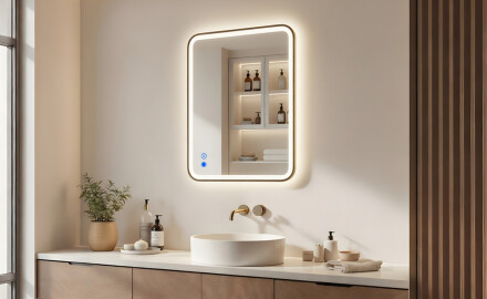 Rounded LED mirror in a gold aluminum frame
