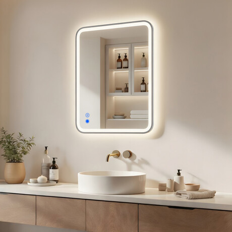 Rounded LED backlit mirror - 80x60/100x70/120x70 cm in a silver aluminum frame #1