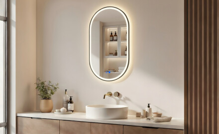 Oval LED-backlit mirror in a black aluminum frame
