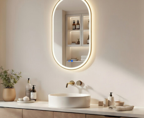 Oval LED mirror in a gold aluminum frame