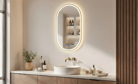 Oval LED mirror in a gold aluminum frame
