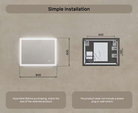 Rectangular LED Bathroom Mirror 80x60/60x80 cm with Dual Color, Touch Switch and Heating Mat #7