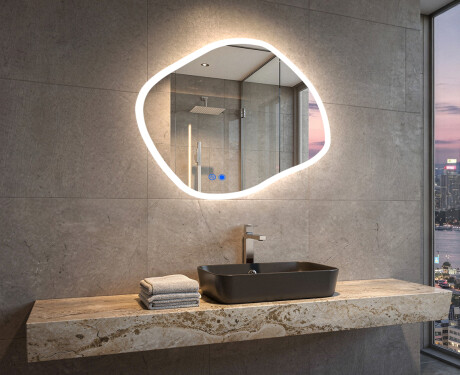 Irregular Illuminated Bathroom Mirror 84x74 cm with Dual Light Color, Touch Switch and Heating Mat
